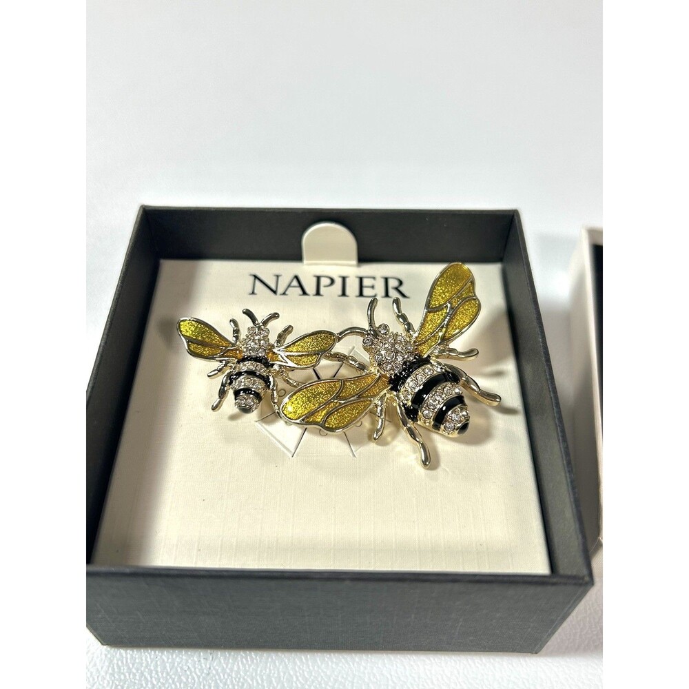 Napier Honey Queen Bee Yellow Duo Brooch Pin Jeweled Enameled Silver Tone